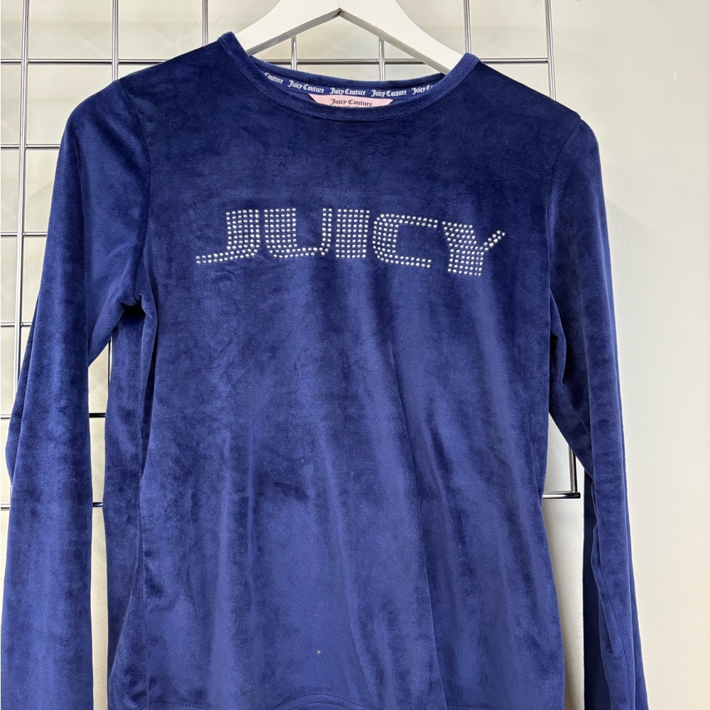 Juicy Couture Navy Blue Velour Rhinestone Logo Long Sleeve Top
